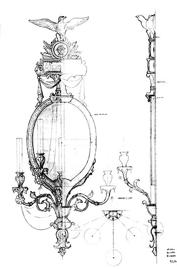 Technical drawing of the wall sconce, created from the original watercolor.